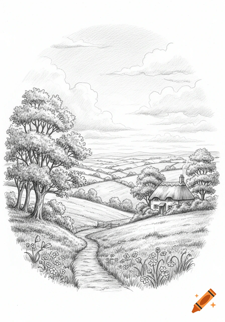 Pencil drawing of a winding path through a hilly rural landscape with a thatched cottage, trees, and cloudy sky.