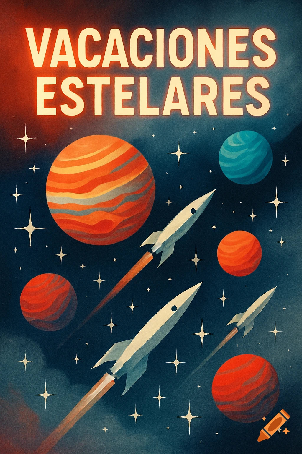 A retro space poster with white rockets, colorful planets, and stars, featuring the text 'VACACIONES ESTELARES'.