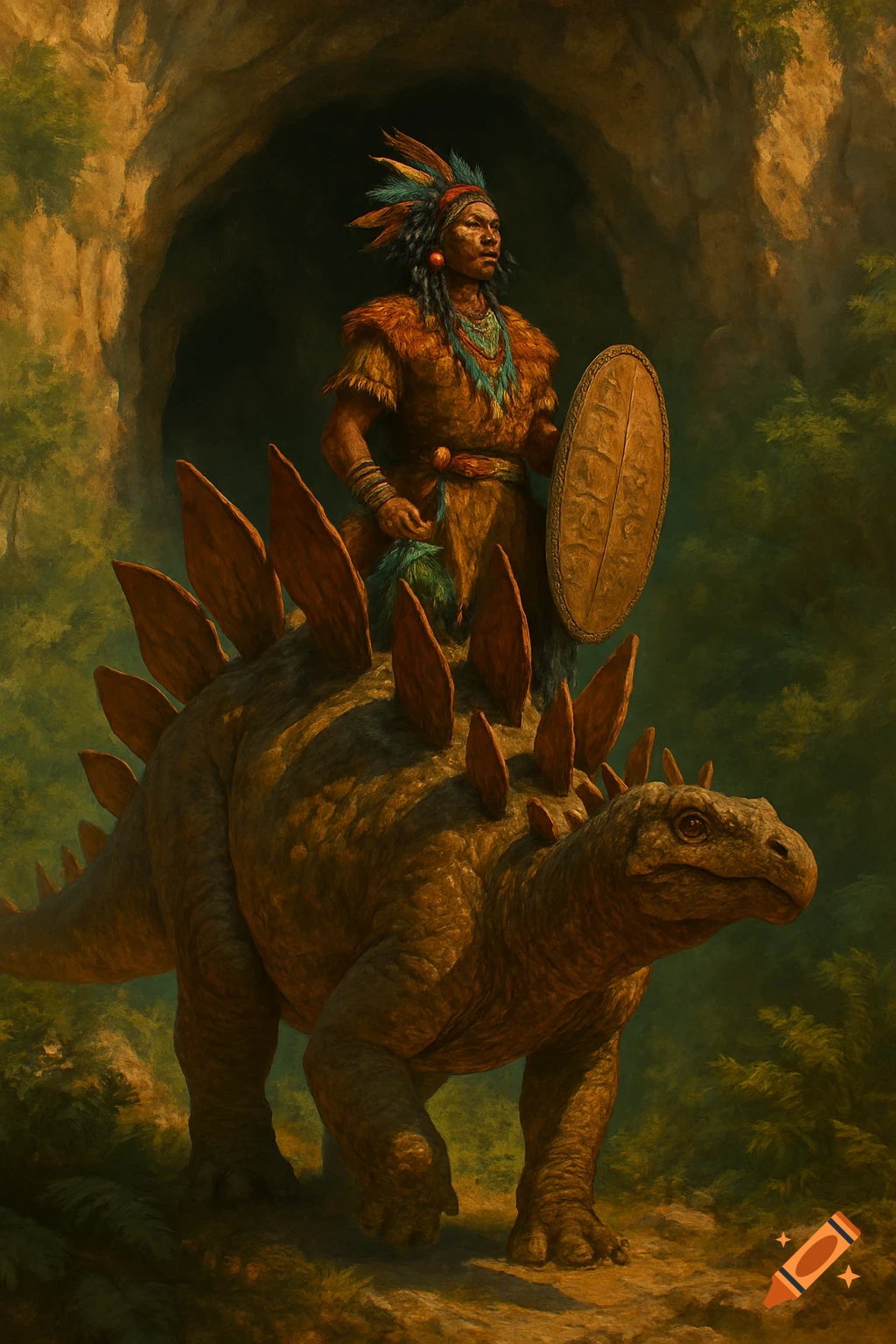 A tribal warrior in a feathered headdress and fur attire rides a Stegosaurus out of a dark cave, a shield in hand. Digital painting.