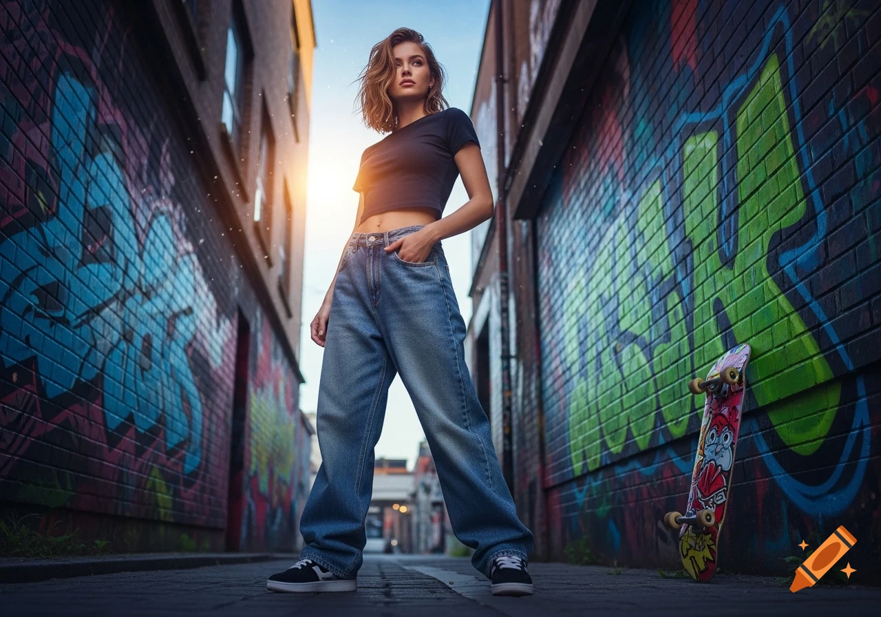 A young woman in a black crop top and baggy jeans stands confidently in an alley with graffiti walls and a skateboard leaning against a wall.