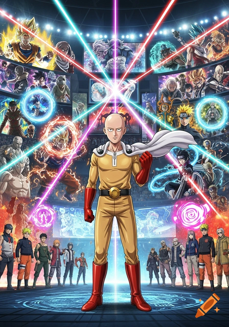Saitama stands heroically in an arena, surrounded by numerous anime characters and vibrant laser beams.