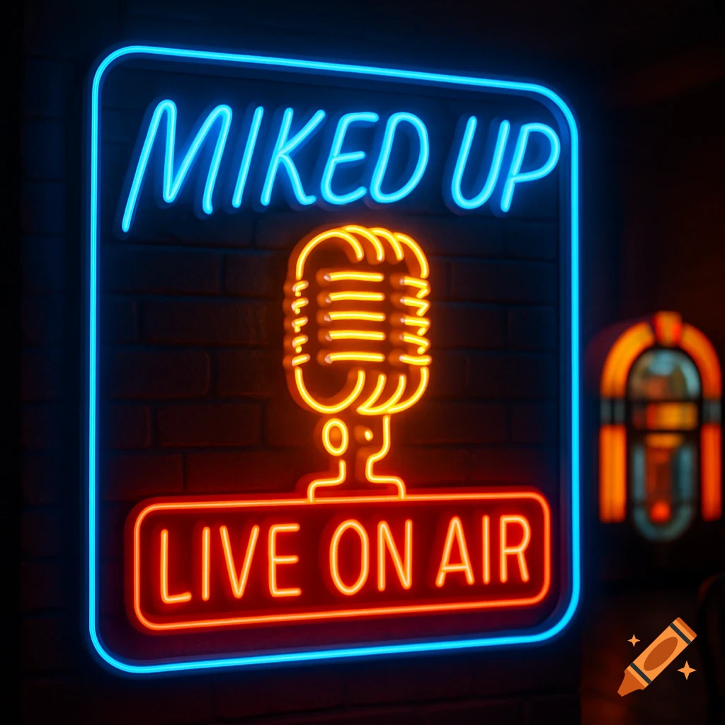 A vibrant blue and red neon sign against a brick wall reads 'MIKED UP' and 'LIVE ON AIR', featuring an orange neon microphone, in a retro style.