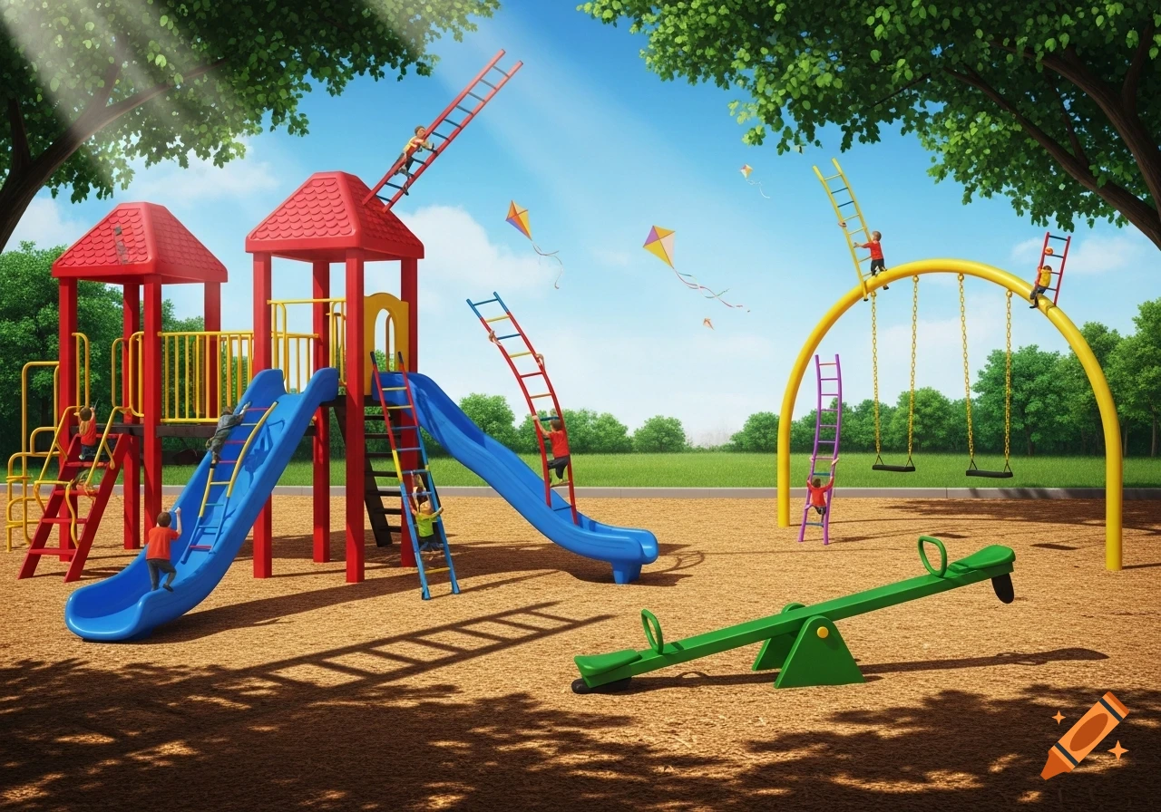 A brightly lit playground with colorful slides, swings, and a seesaw. Numerous red, blue, yellow, and purple ladders climb on the equipment under a clear blue sky with kites.