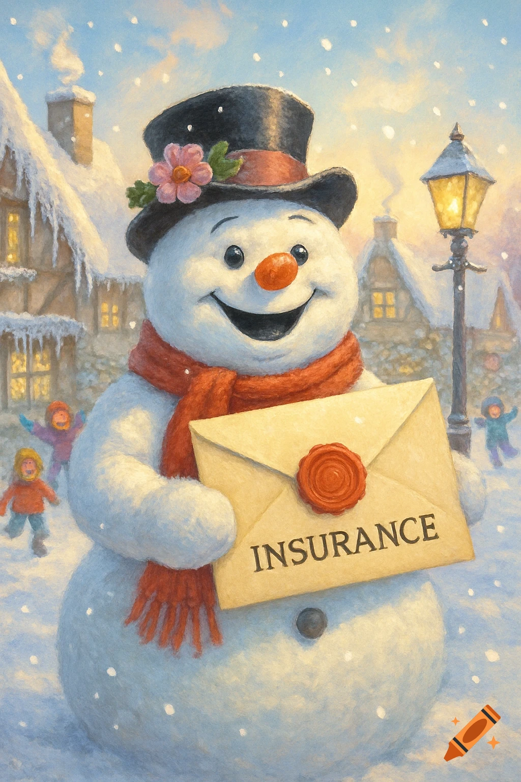 A happy snowman wearing a top hat and red scarf holds an envelope labeled "INSURANCE" in a snowy village scene with children playing. Painterly style.