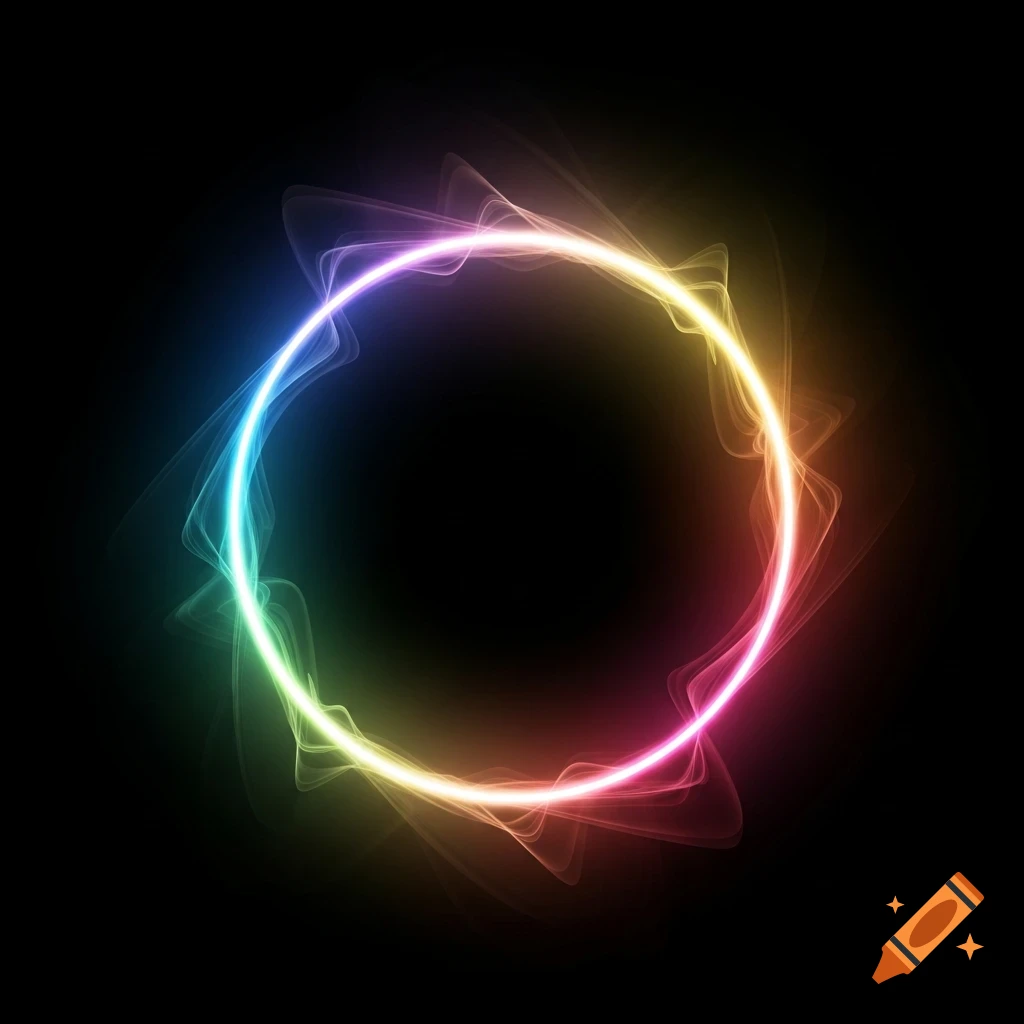 A glowing, rainbow-colored circular light with wispy trails on a black background.