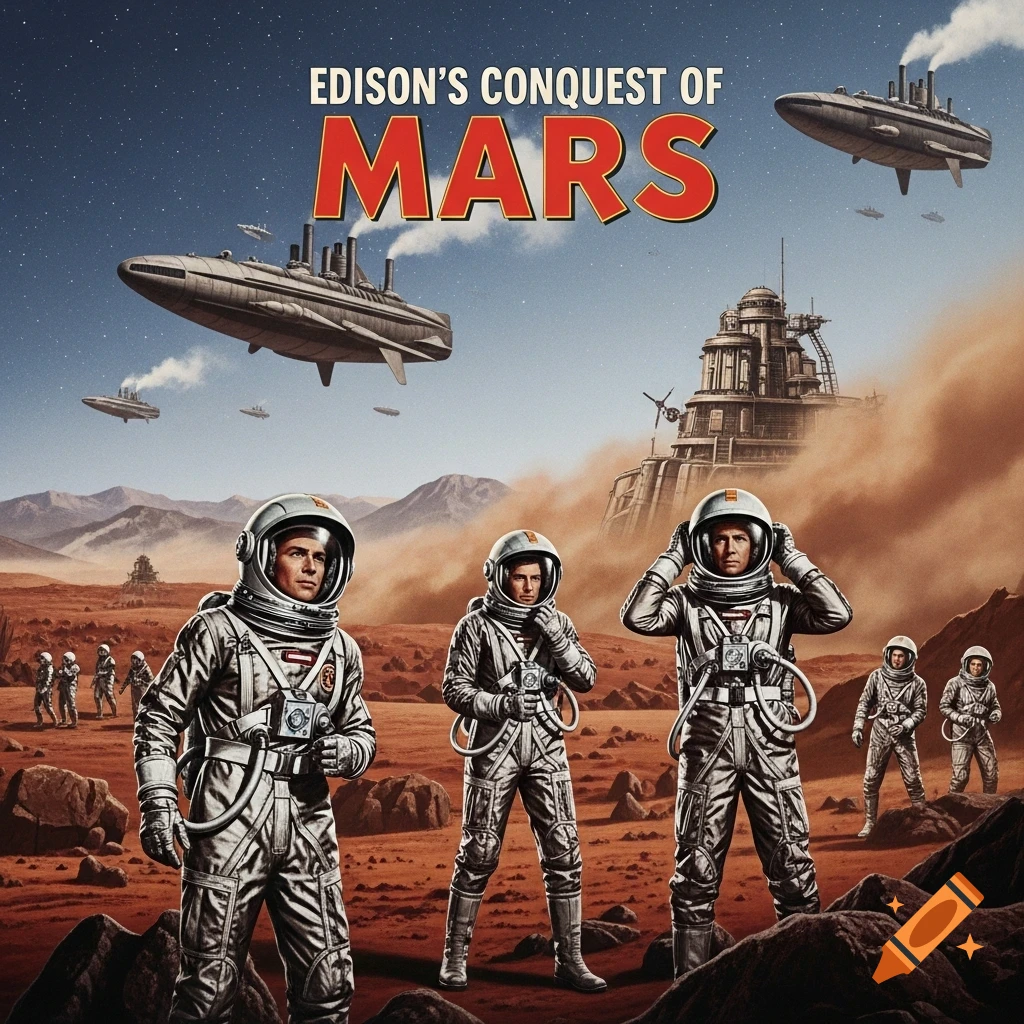 Astronauts stand on Mars with retro-futuristic spaceships and a building under text "EDISON'S CONQUEST OF MARS".