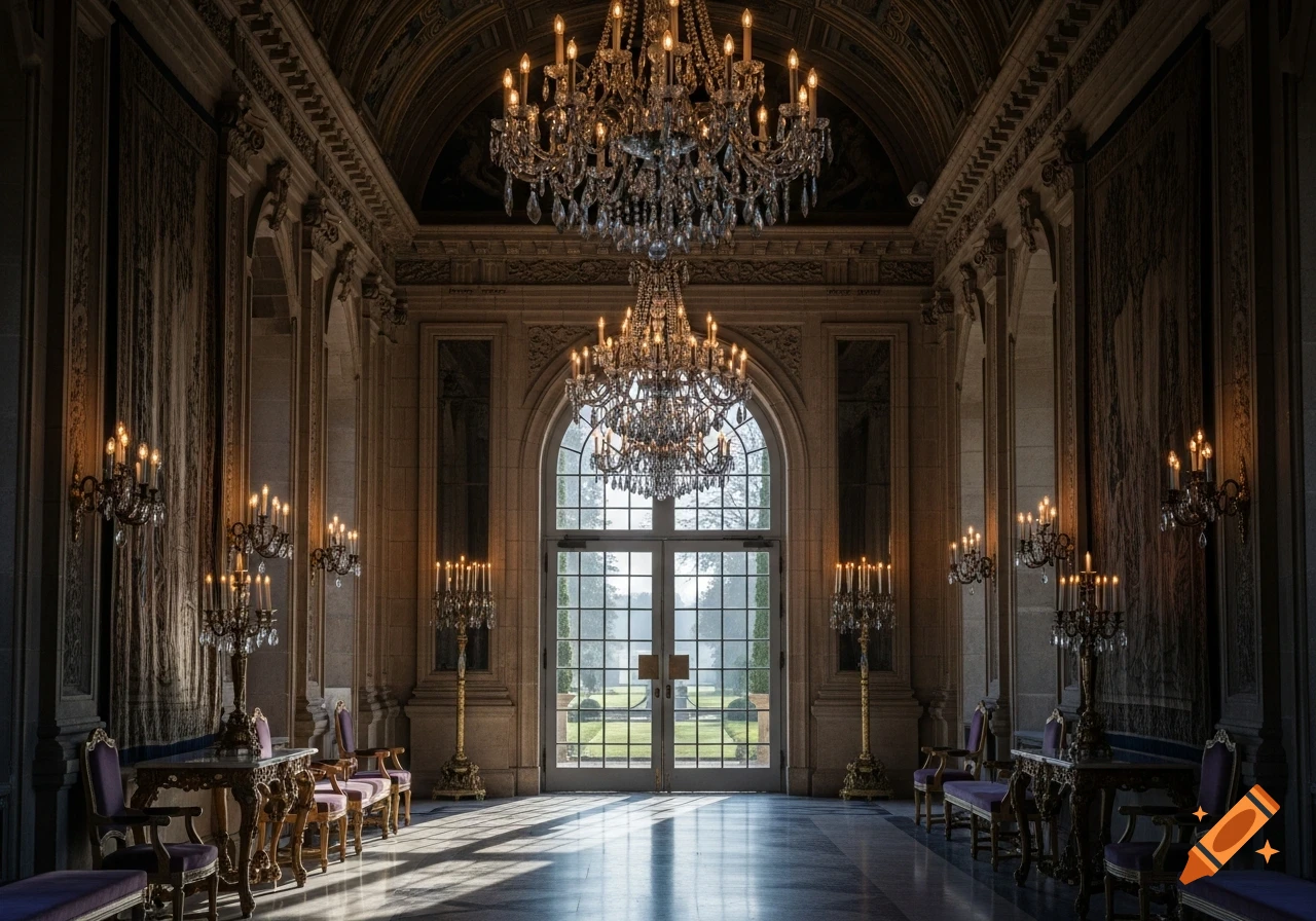 A grand castle hall with multiple crystal chandeliers, ornate architecture, and tall glass doors opening to a garden.