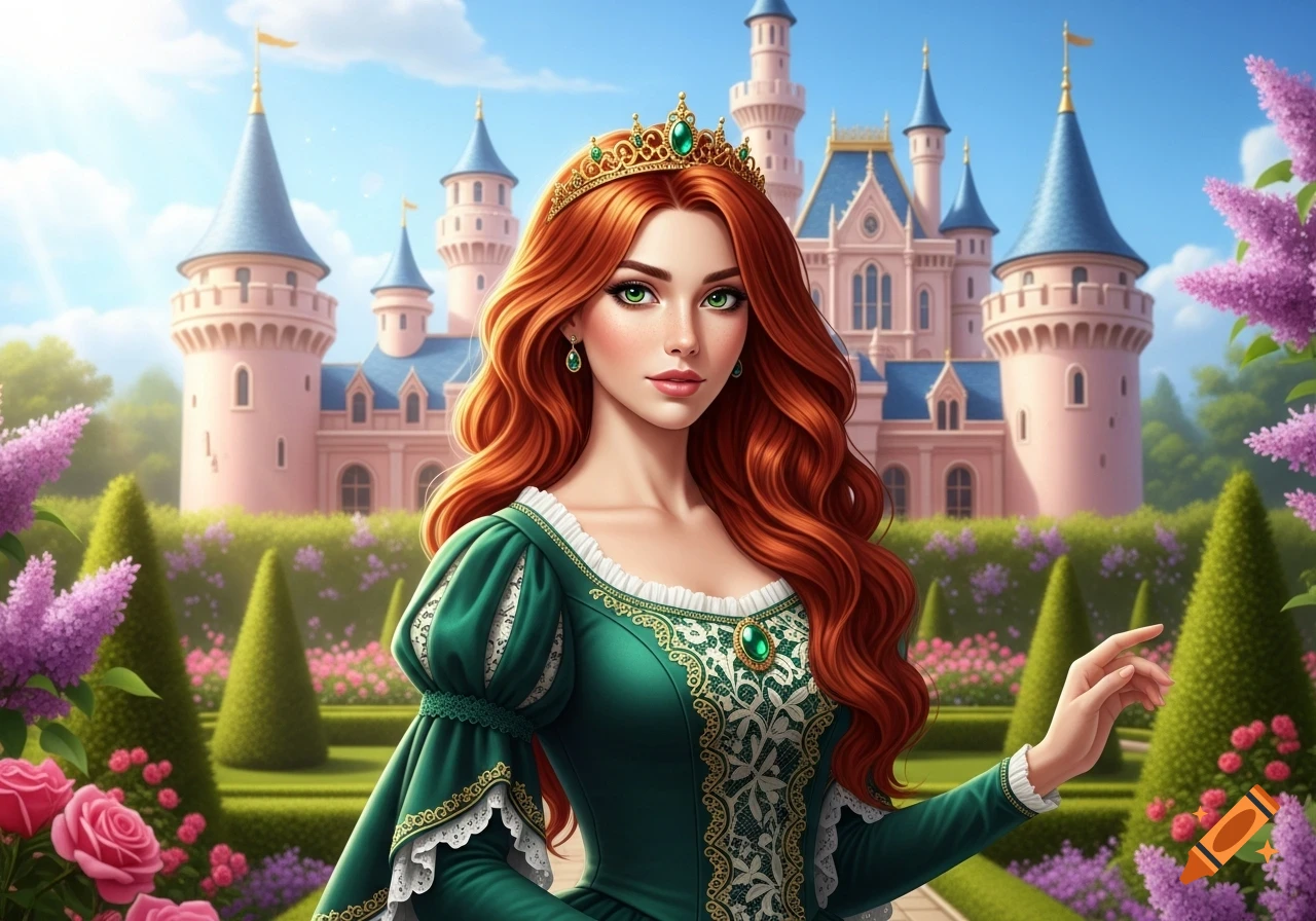 A red-haired princess with green eyes in a green Victorian-style dress stands in a garden with a pink castle in the background, digital art.