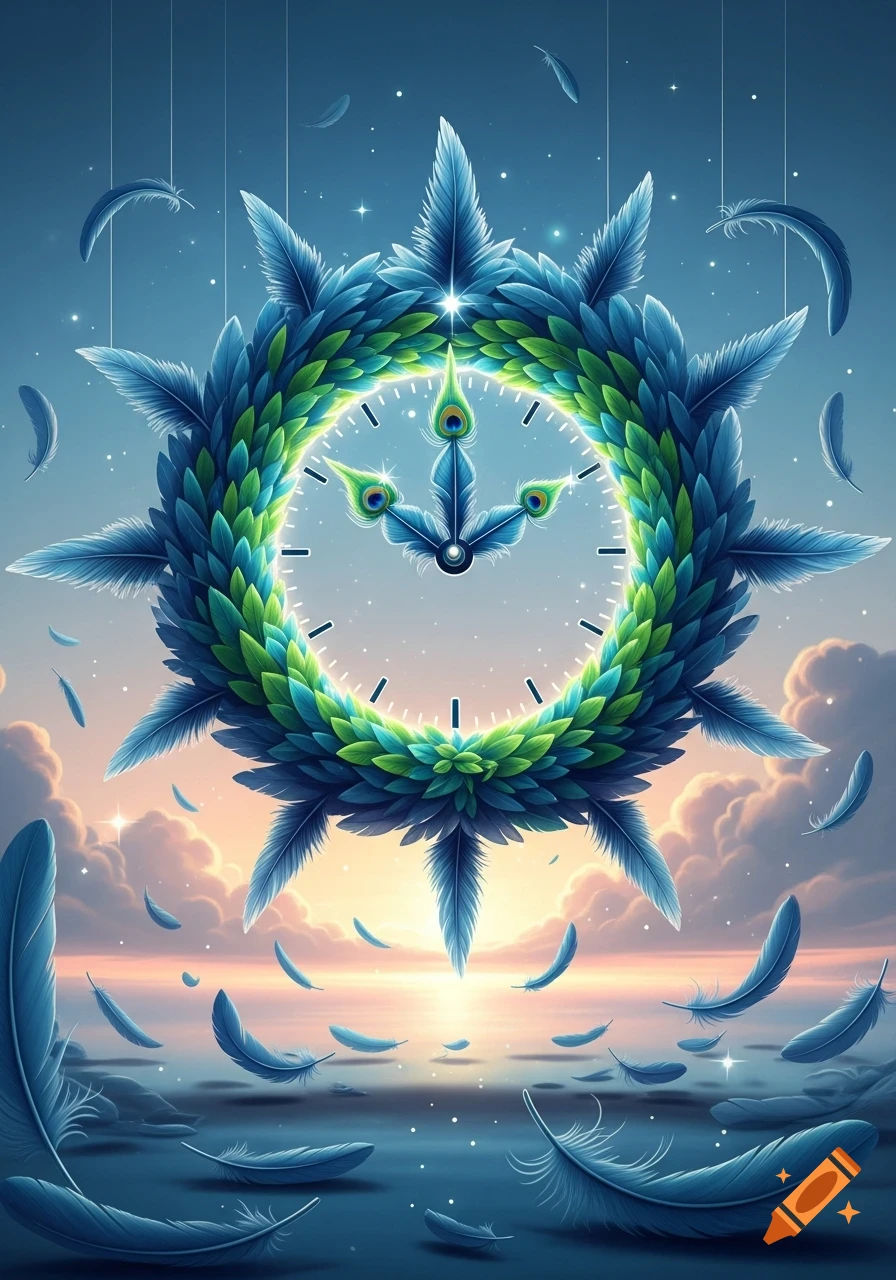 A fantastical clock made of blue and green feathers floats above a tranquil, starry sea with floating feathers and a sunset sky.