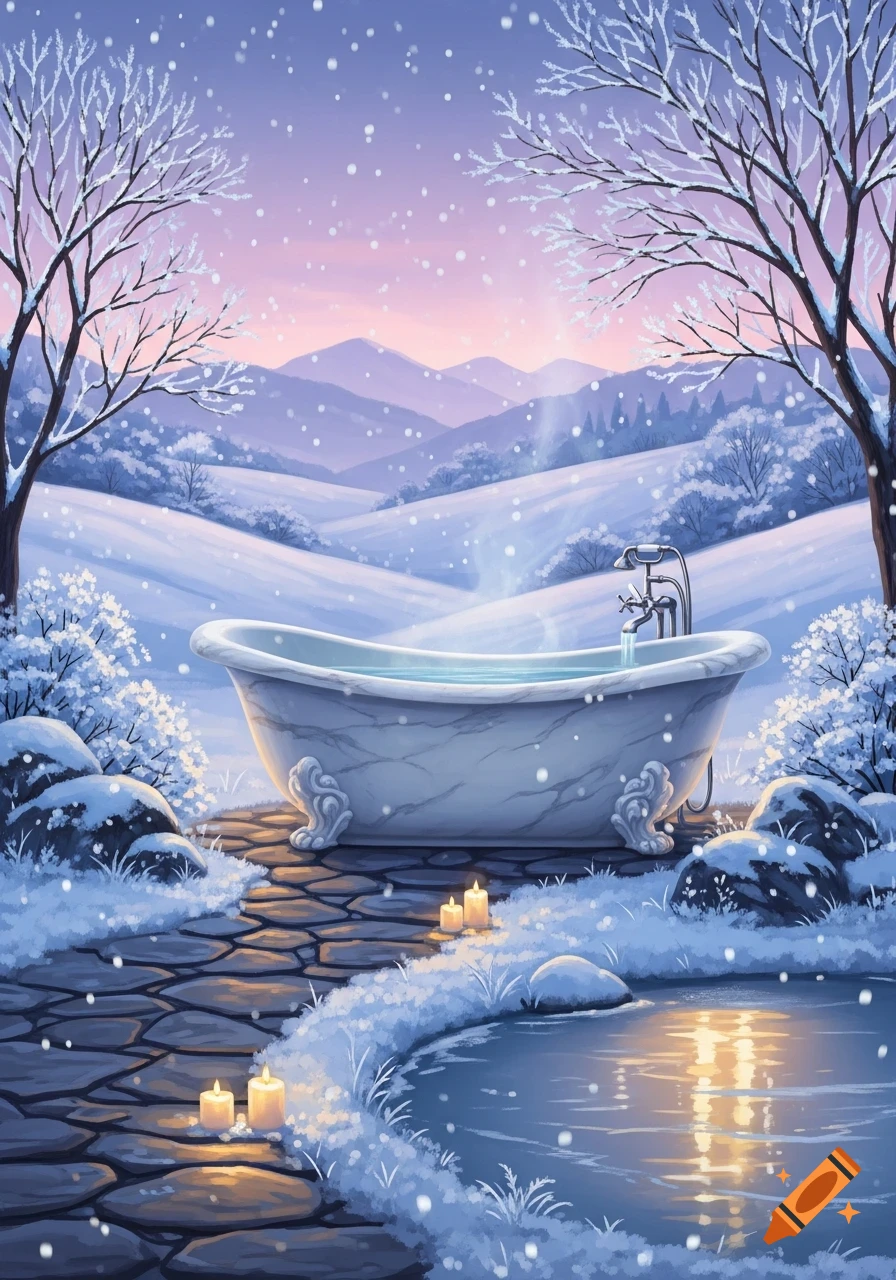 Illustrative winter landscape with a steaming clawfoot tub, candles, and a pond under a pastel sky.