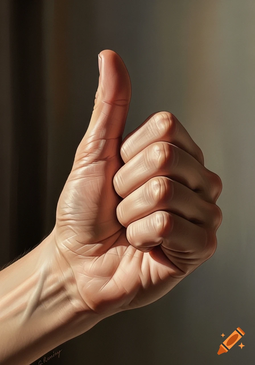 Detailed, realistic painting of a human hand giving a thumbs-up gesture, with strong lighting highlighting skin texture.