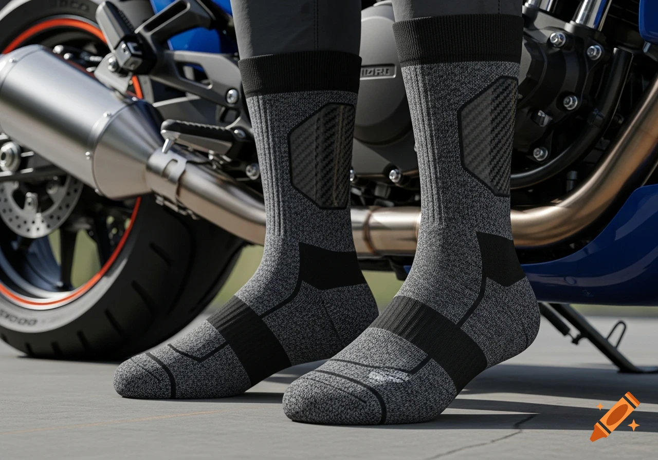 Close-up of a person wearing gray and black textured motorcycle socks, standing on pavement with a blue motorcycle in the background.