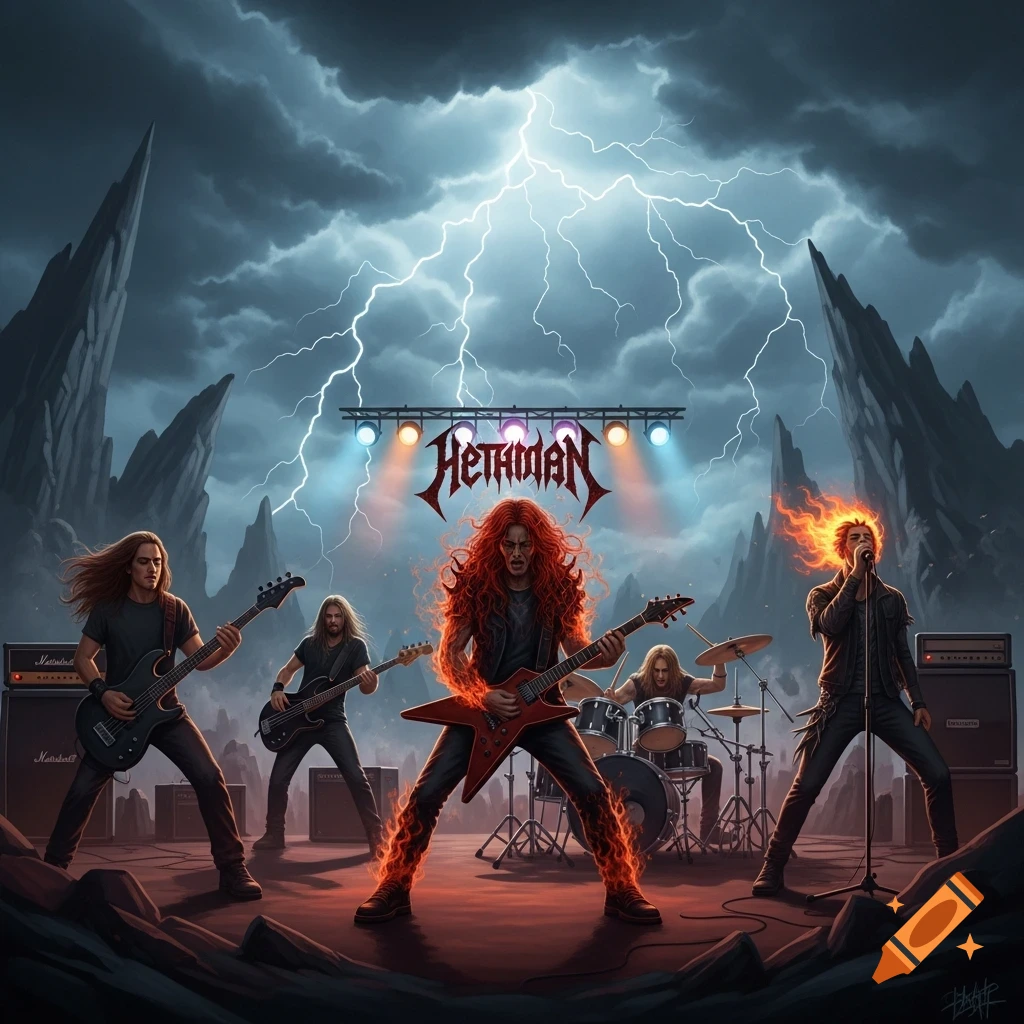 A metal band with five members performs on a stage under a dramatic stormy sky with lightning. The lead guitarist and vocalist have fiery effects.