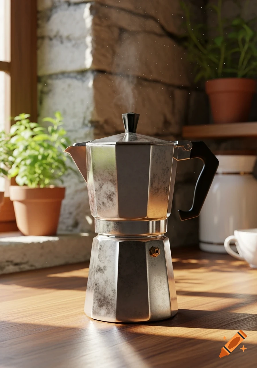 Photorealistic Moka pot steaming on a wooden counter in a sunny kitchen with plants and a stone wall.
