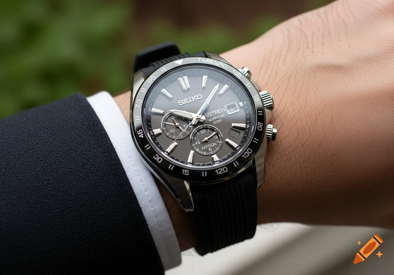 A close-up shot of a silver and dark gray Seiko Astron watch with a black rubber strap on a person's wrist, against a blurred green background.
