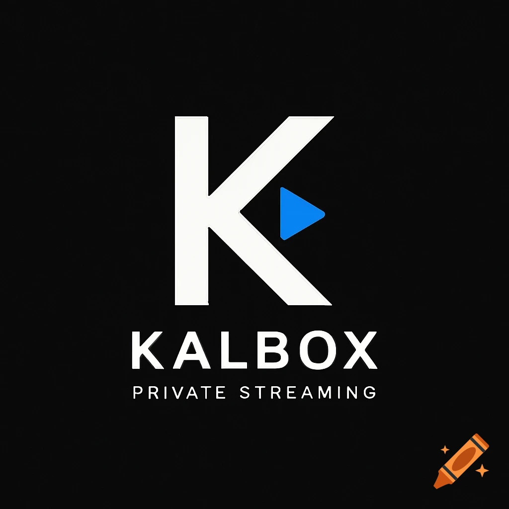 Minimalist black background logo with a white stylized letter K and a blue play button, text 'KALBOX' and 'PRIVATE STREAMING'.