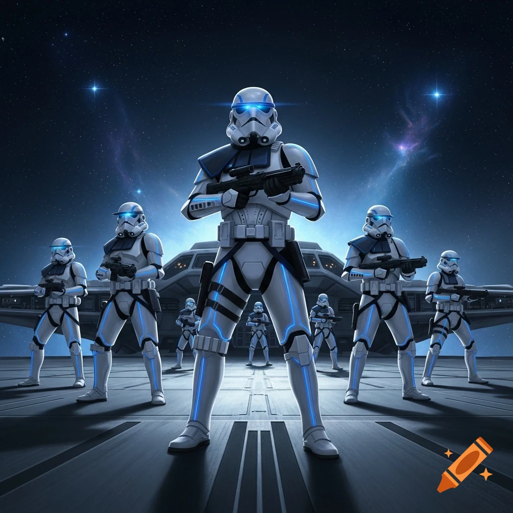 A squadron of futuristic soldiers in white and blue armor holding rifles, standing on a spacecraft deck under a starry sky.
