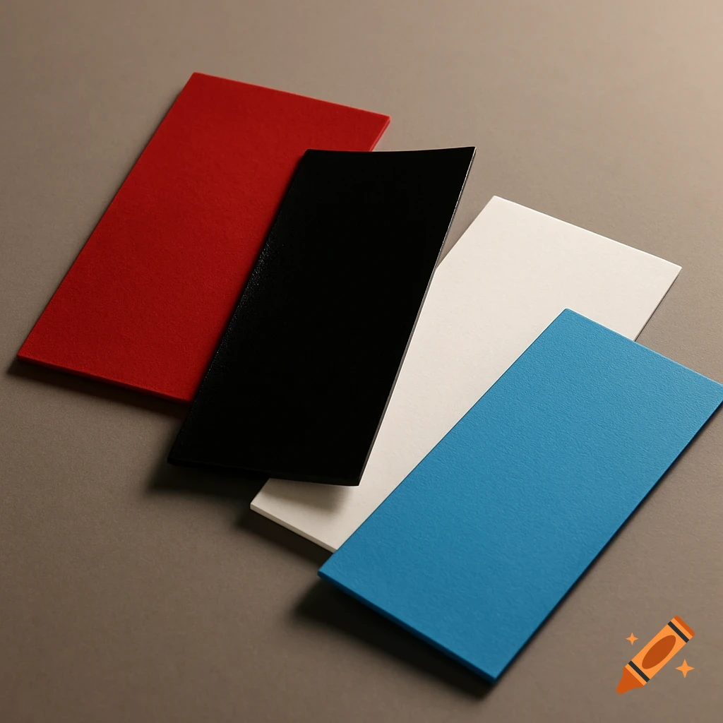 Four rectangular cards in red, black, white, and blue are arranged diagonally on a grey background.