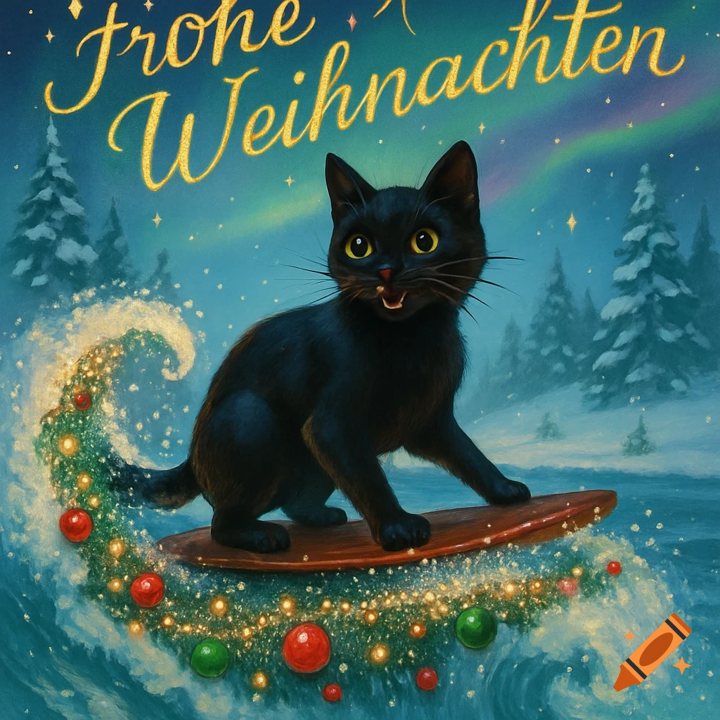 A black cat surfs a festive wave decorated with Christmas lights and ornaments. Text "Frohe Weihnachten" above, snowy trees, and aurora borealis.