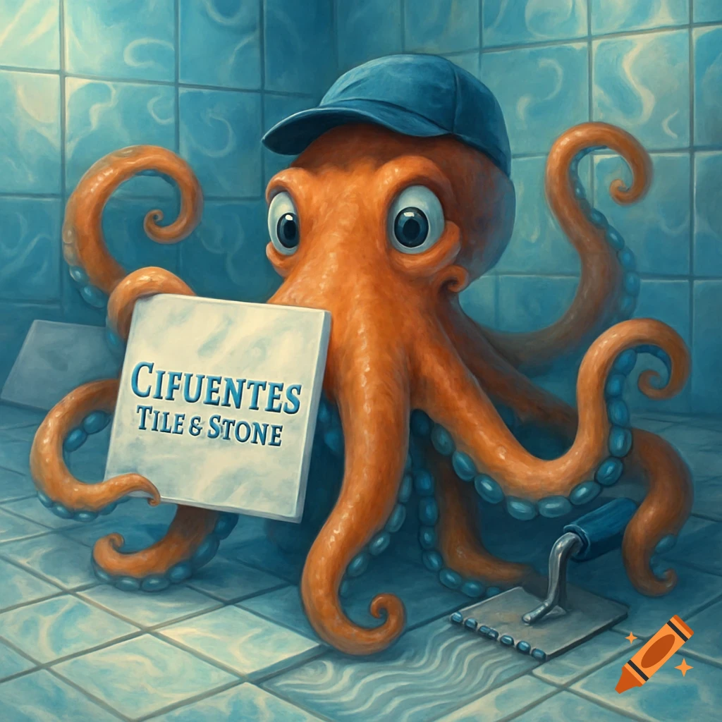 Cartoon illustration of an orange octopus wearing a blue cap, holding a tile with 'CIFUENTES TILE & STONE' text, in a blue tiled room.