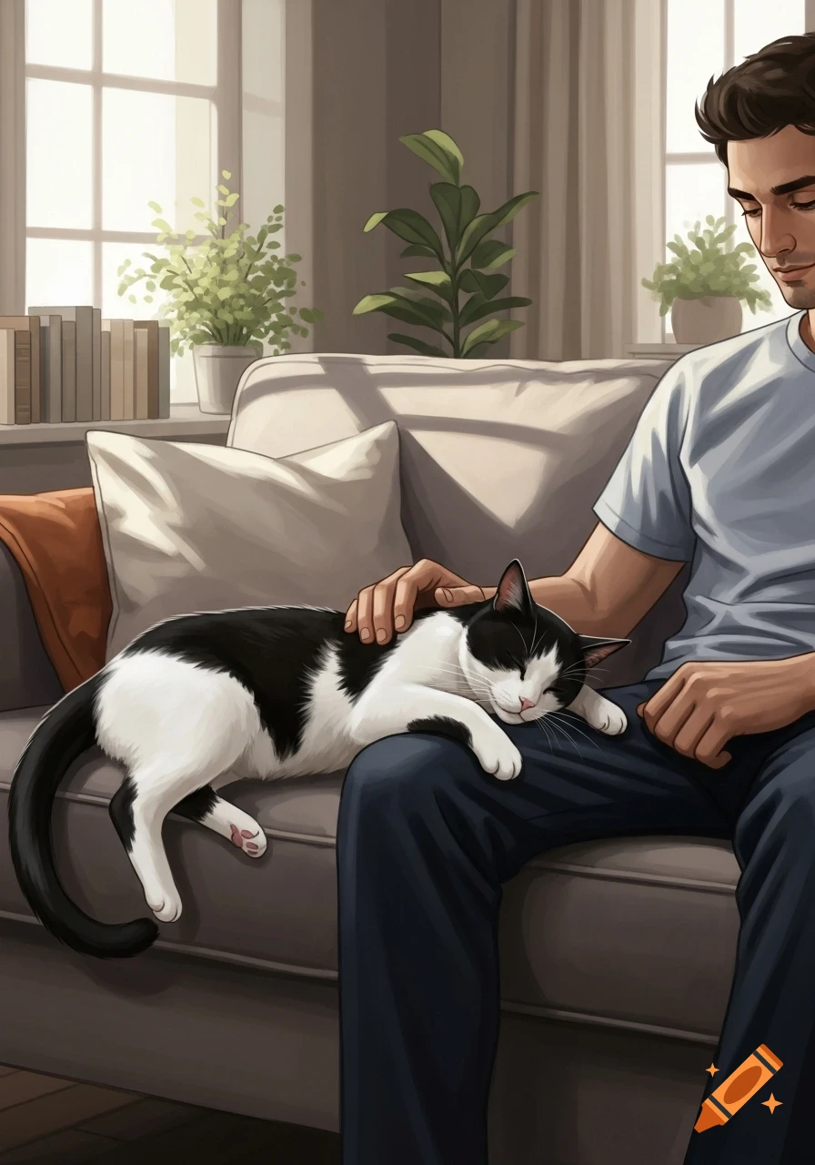 An illustrative image of a man petting a sleeping black and white cat on his lap on a couch in a sunlit living room.