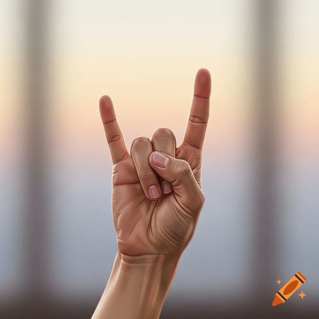 A realistic hand makes the 'rock on' gesture with index and pinky fingers extended upwards against a blurred background.