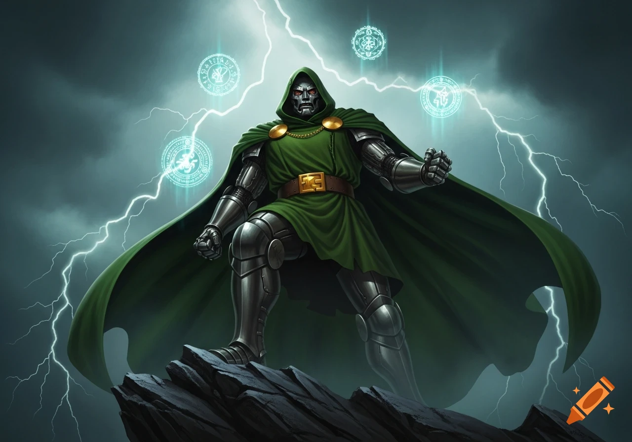 Doctor Doom in a green cape and metallic armor stands on a rocky outcrop amidst lightning and glowing magical symbols.