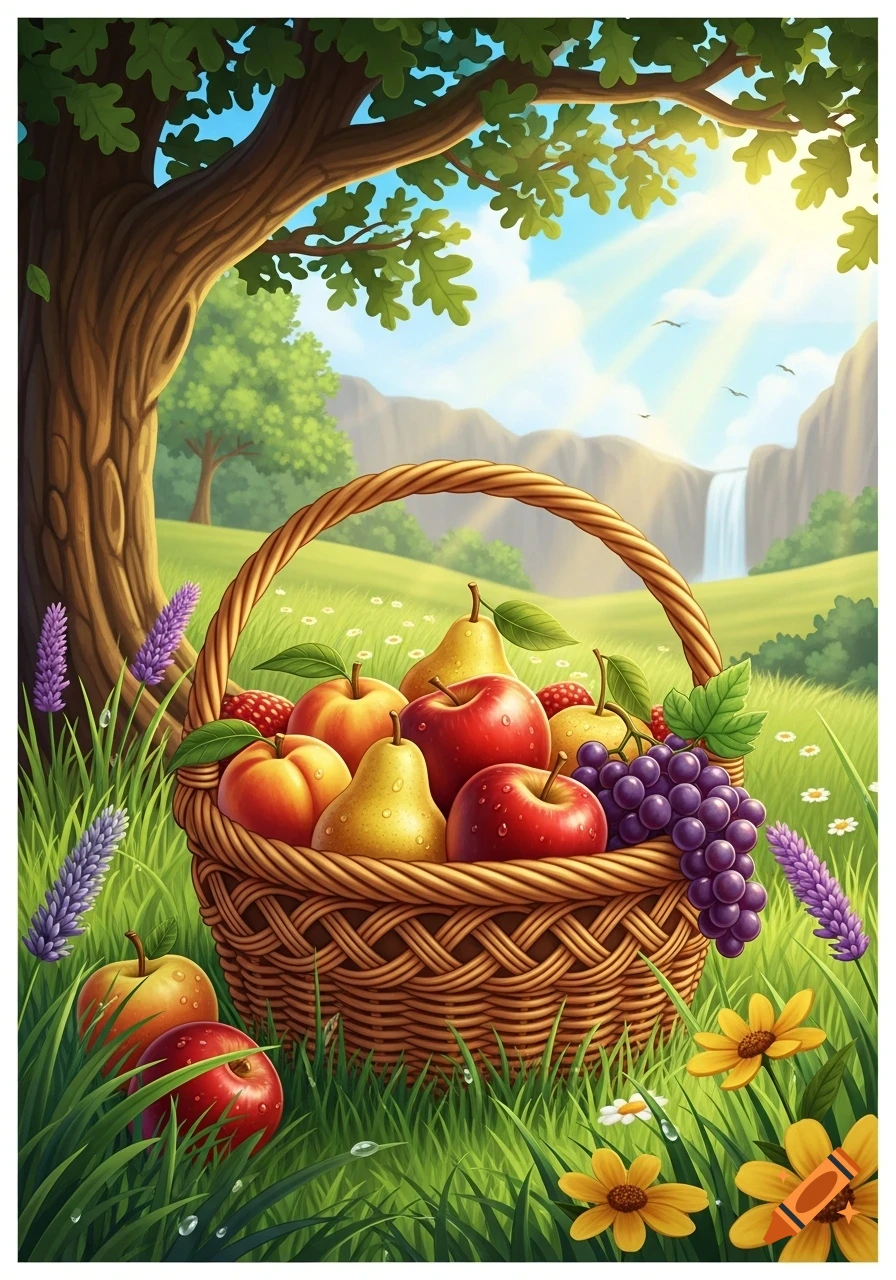 A cartoon illustration of a wicker basket filled with colorful apples, pears, grapes, and berries in a sunny meadow with a large tree and waterfall.