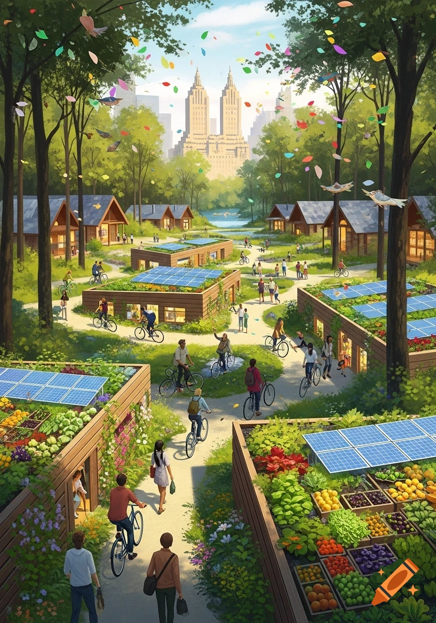 An illustrated view of a sustainable community with people biking and walking, houses with solar panels and rooftop gardens, and a city skyline in the background.