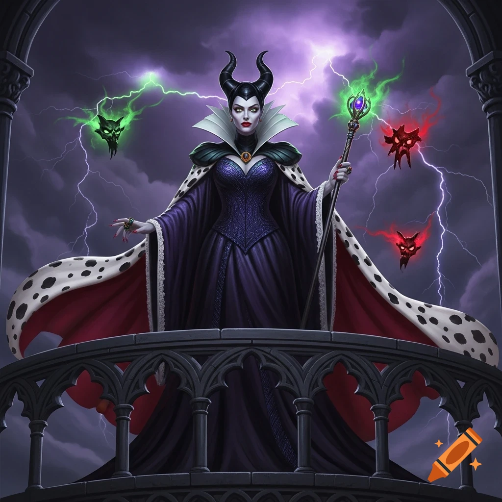 A dark sorceress with horns, a tall collar, and a spotted cape stands on a gothic balcony amidst a stormy sky with lightning and floating demonic skulls.