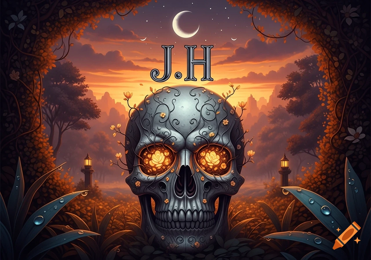 Stylized skull adorned with vines, flowers, and glowing eyes in a vibrant fantasy forest at sunset, with a crescent moon and 'J.H' above.
