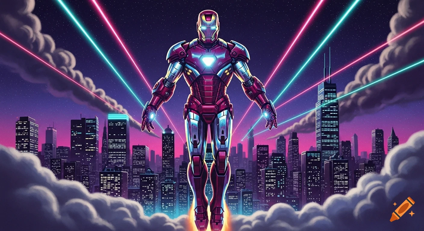 Iron Man hovers above a vibrant, neon-lit city skyline at night, with glowing pink and blue laser beams crossing the dark sky.