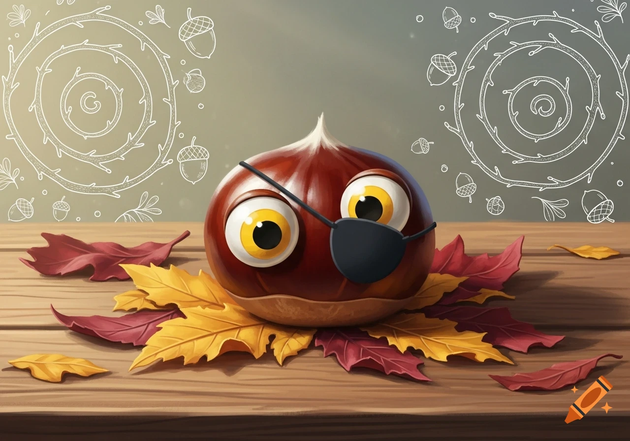 A cute cartoon chestnut with googly eyes and an eye patch sits on colorful autumn leaves on a wooden table, with whimsical doodles in the background.