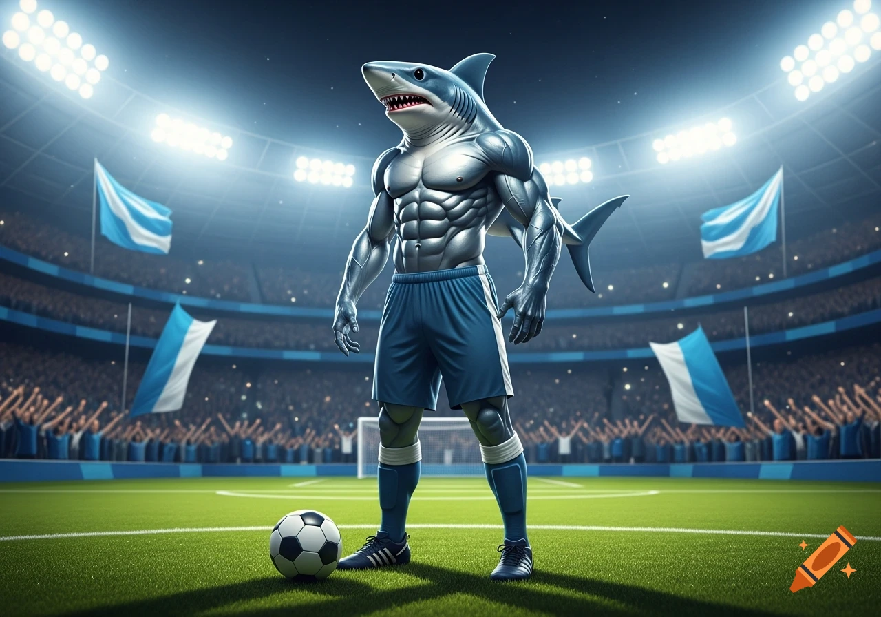 A muscular, anthropomorphic shark footballer in blue uniform stands on a soccer field with a ball, in a brightly lit stadium full of fans.