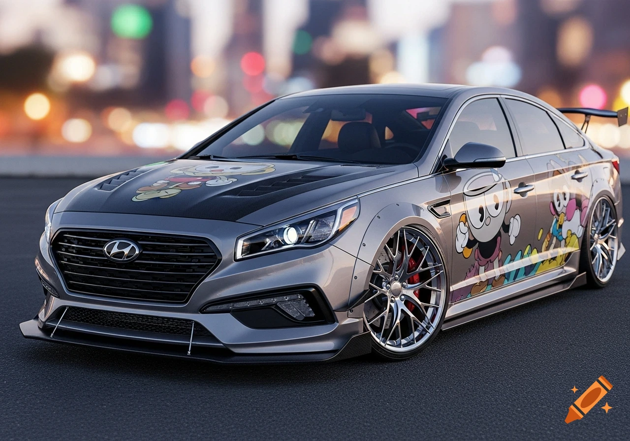 A customized gray Hyundai Sonata car with Cuphead cartoon characters on its side and hood, parked with a blurred city lights background.