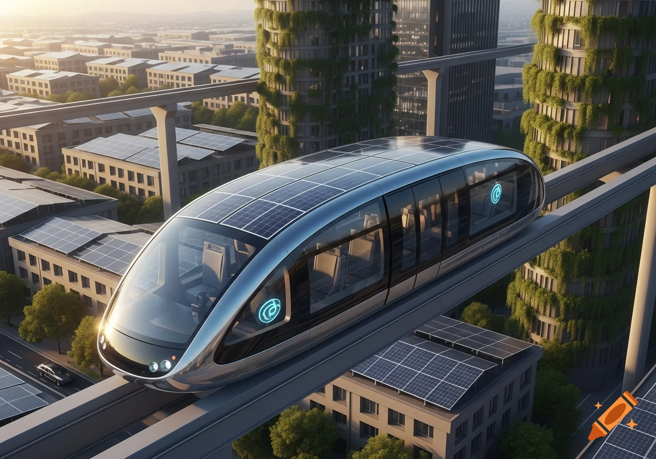 A sleek, solar-powered electric shuttle on an elevated track above a modern city with buildings covered in solar panels and greenery.