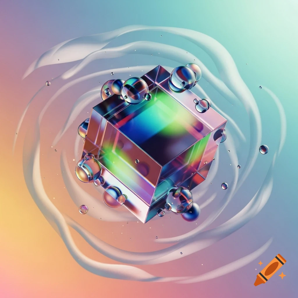 Abstract iridescent cube surrounded by clear bubbles, set against a swirling pastel gradient background.