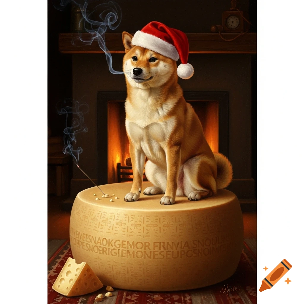 Oil painting of a Shiba Inu dog in a Santa hat, sitting on a large cheese wheel in front of a fireplace with burning incense.