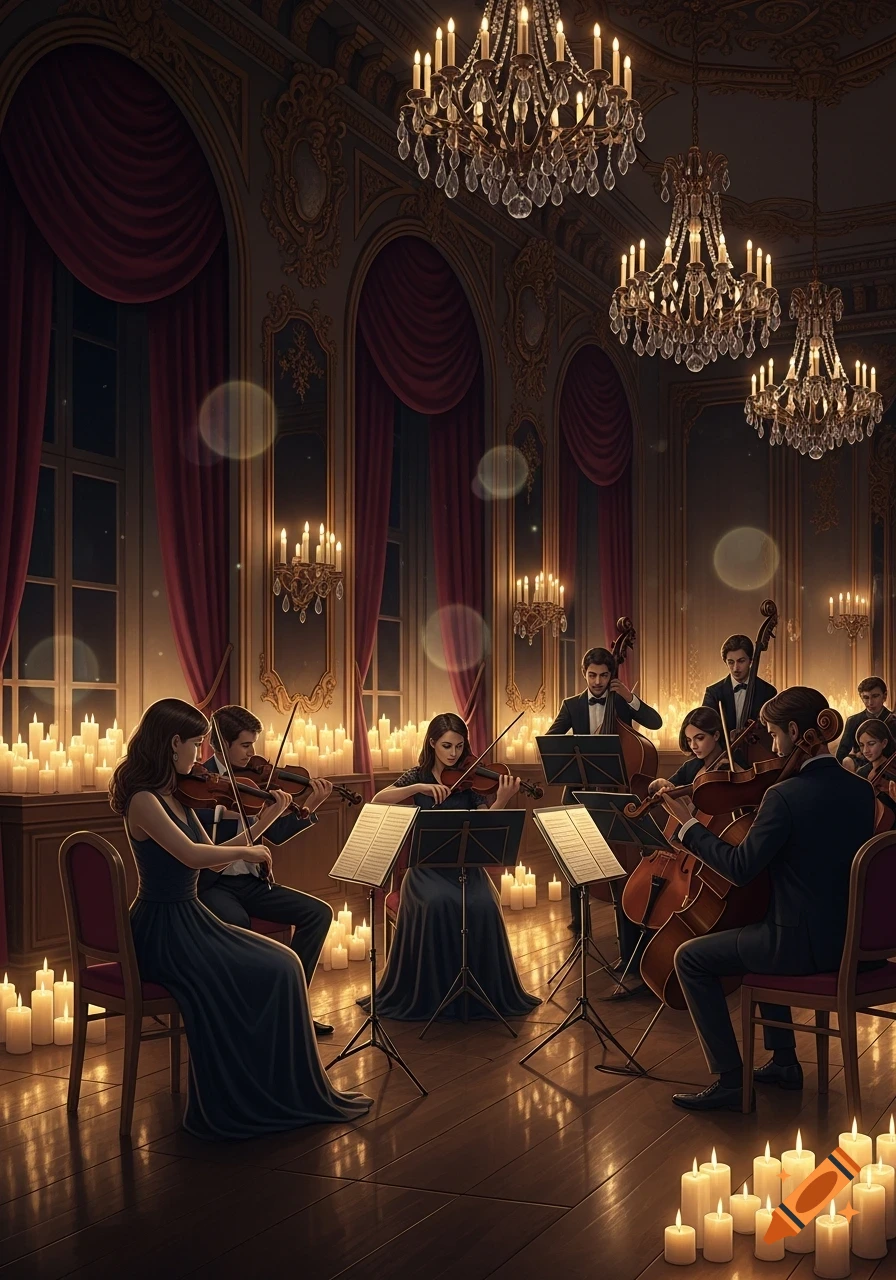 A classical orchestra performs a candlelight concert in an opulent, ornate hall with grand chandeliers and red drapes.