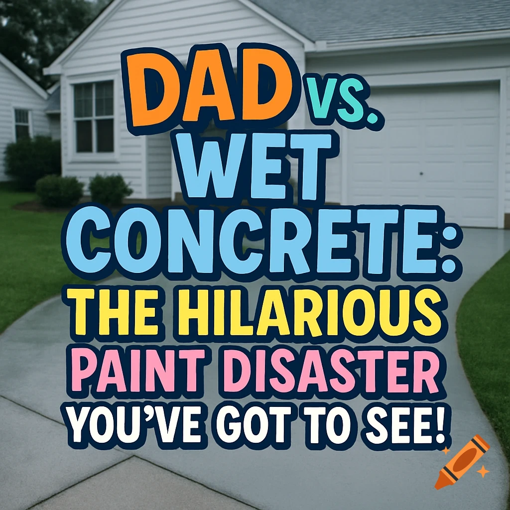 A suburban house with a driveway and front yard, overlaid with large, colorful text reading 'Dad vs. Wet Concrete: The Hilarious Paint Disaster You’ve Got to See!'