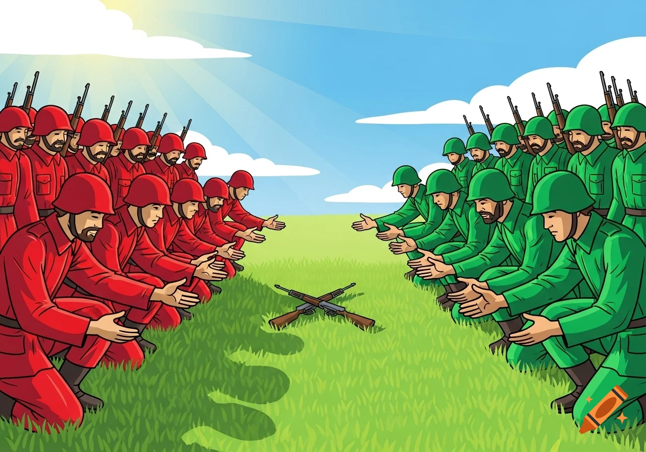 Clip art of a red army and a green army kneeling in a grassy field, putting down their rifles and extending hands for peace under a blue sky.