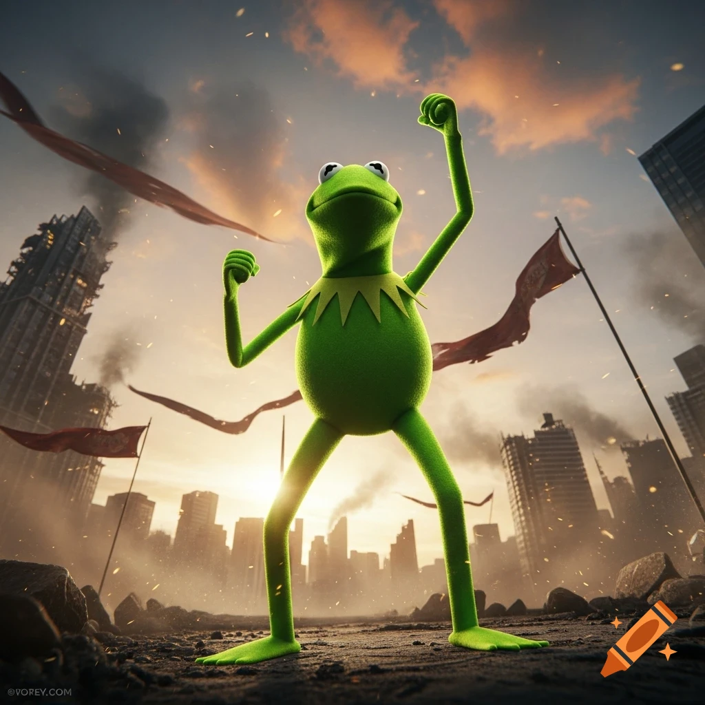 Kermit the Frog stands heroically with fists raised in a ruined, apocalyptic city under a dramatic sunset.