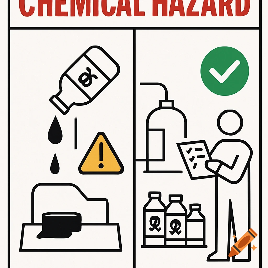An industrial safety poster with two panels. The left panel shows a bottle spilling liquid onto a surface with a yellow warning triangle. The right panel shows a worker checking a checklist near chemical containers, with a green checkmark.