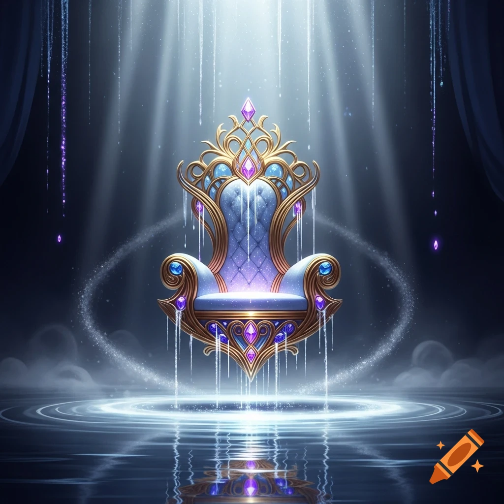An ornate, jeweled, levitating fantasy throne of gold and blue fabric, surrounded by magical light and ice, reflected in water.