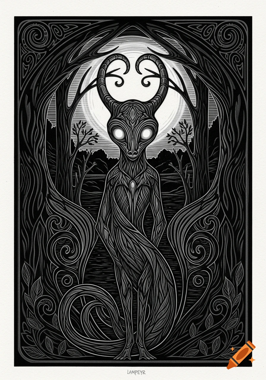 A black and white linocut shows a stylized horned creature with glowing eyes in a dark forest under a full moon.