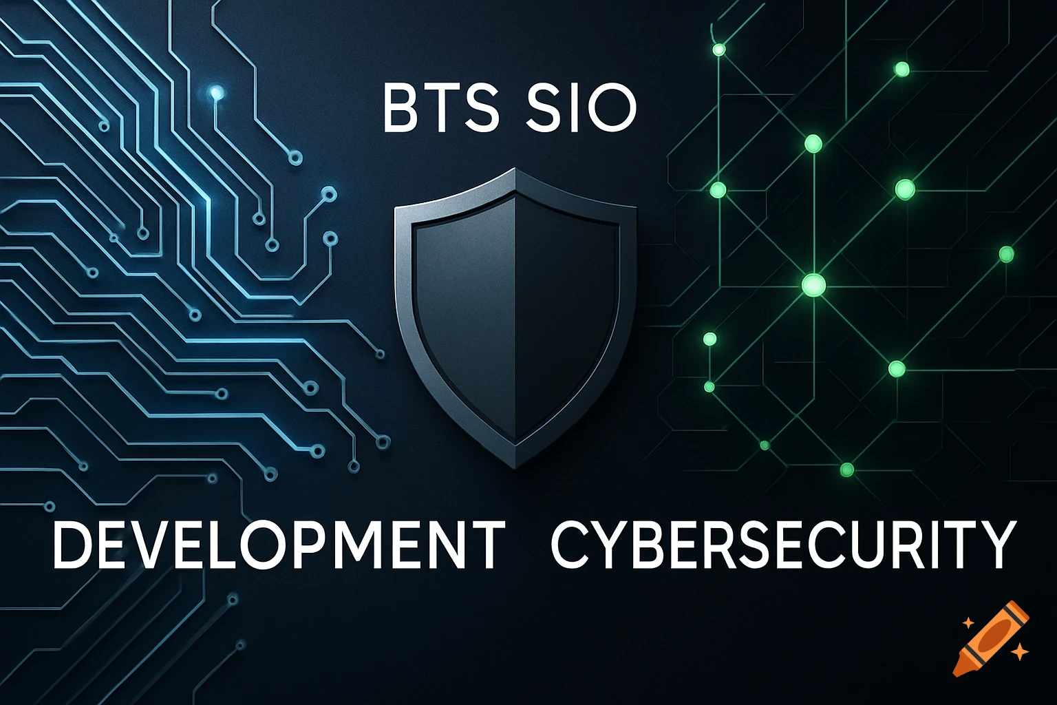 A dark, tech-themed graphic featuring a metallic shield icon at the center. Blue circuit board lines are on the left, green interconnected nodes on the right. White text reads "BTS SIO" above the shield and "DEVELOPMENT CYBERSECURITY" below.