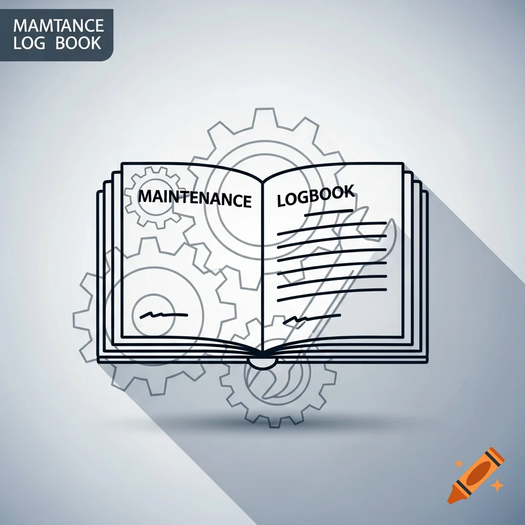 Line art illustration of an open logbook titled "MAINTENANCE LOGBOOK" with a wrench and lines inside, surrounded by gears. The image has a long shadow effect and a header in the corner reads "MAMTANCE LOG BOOK".
