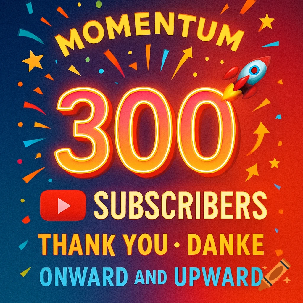 Vibrant graphic celebrating 300 subscribers with a rocket, confetti, and text "MOMENTUM", "THANK YOU", "ONWARD AND UPWARD".