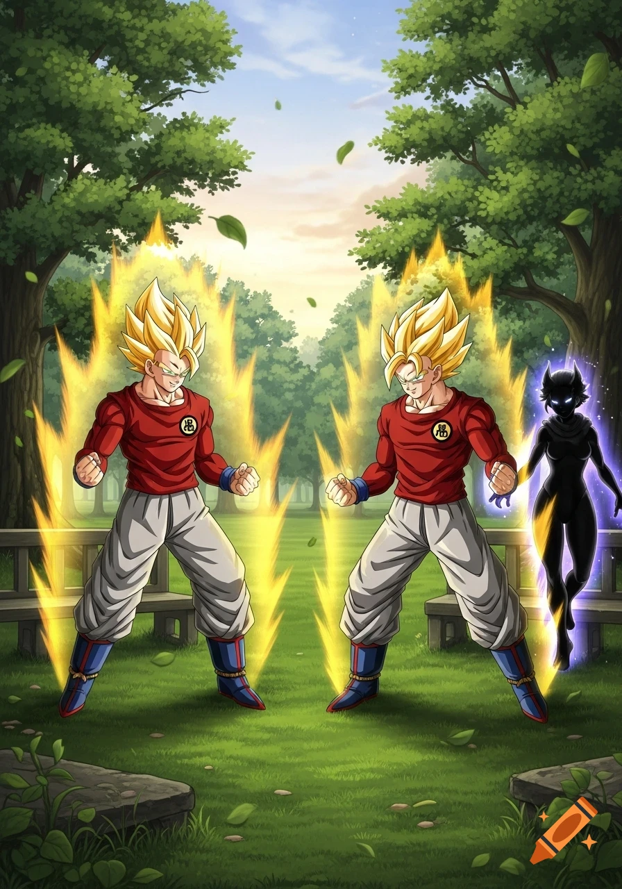 Two anime Super Saiyans in red shirts and grey trousers glow in a park, facing a shadowy Badeline figure with purple aura.