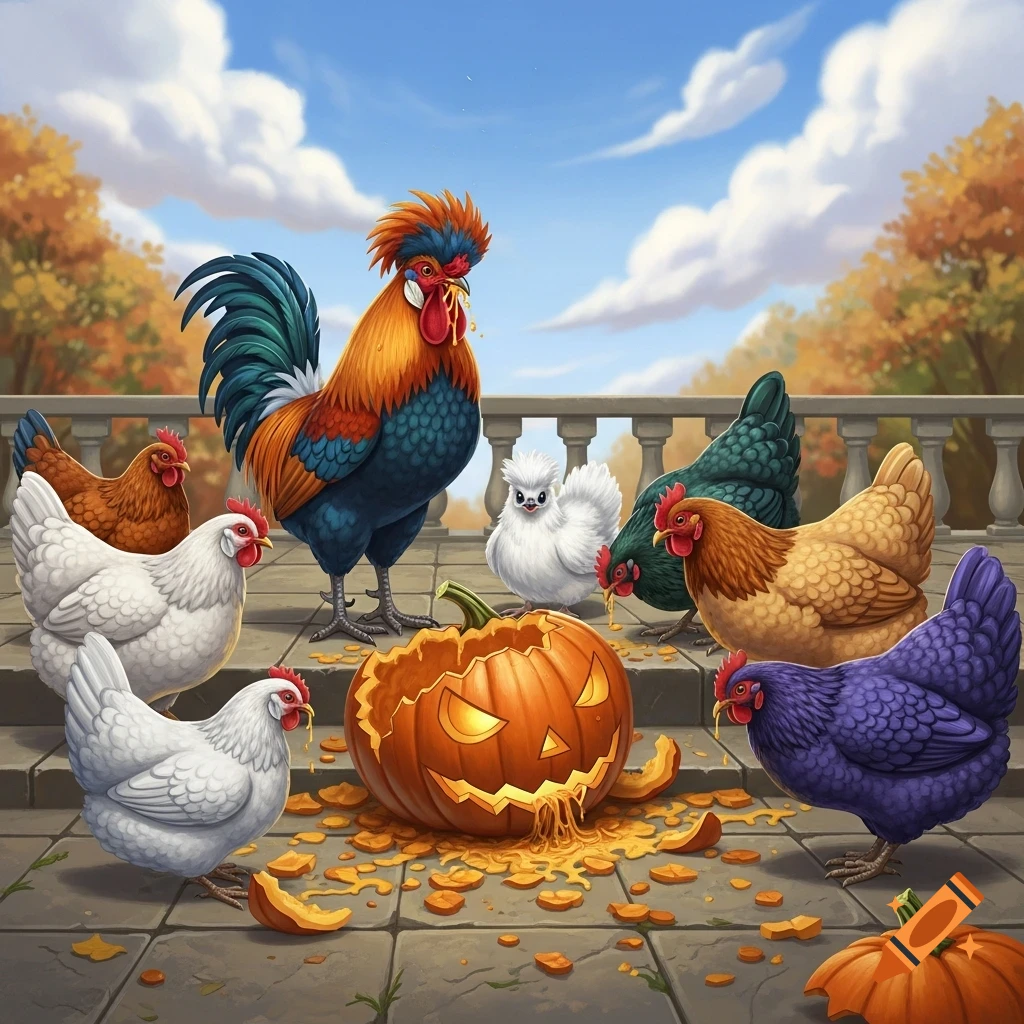 A colorful rooster and several hens peck at a broken, glowing jack-o'-lantern on a patio, with autumn trees in the background.